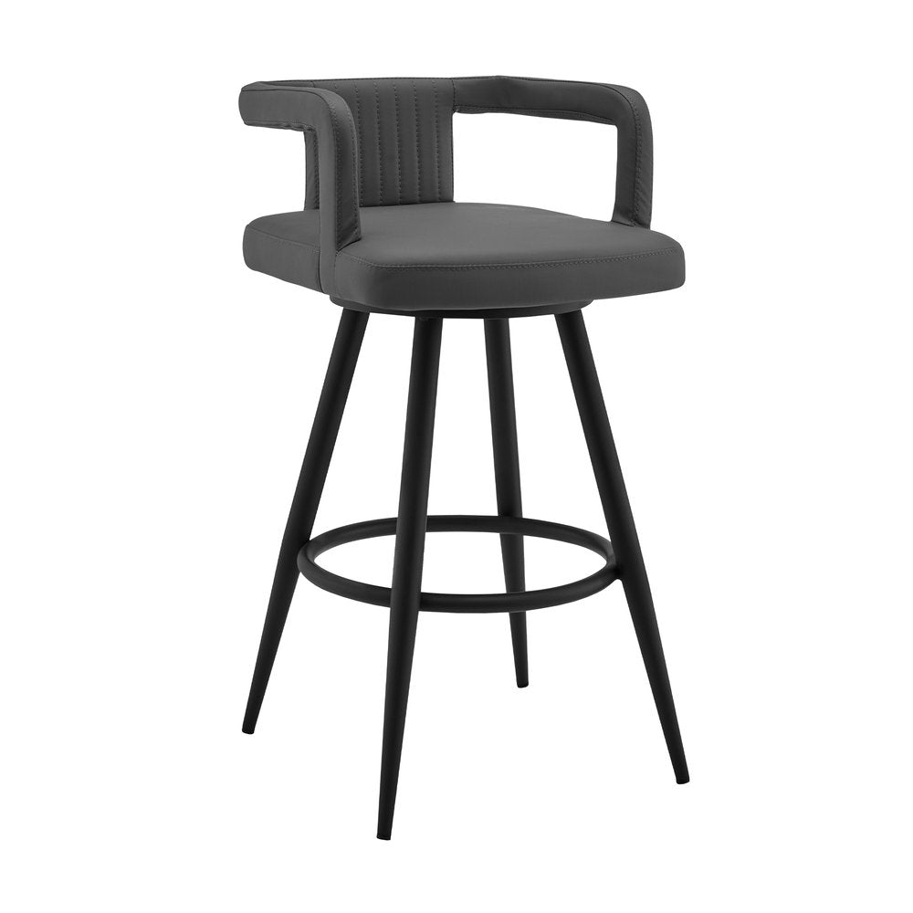 30" Gray And Black Faux Leather And Fabric And Iron Low Back Bar Height Swivel Bar Chair HomeRoots