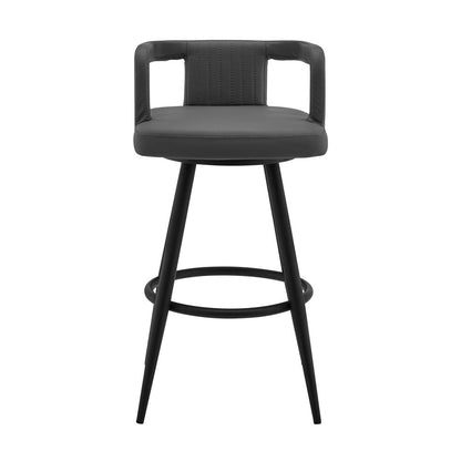 30" Gray And Black Faux Leather And Fabric And Iron Low Back Bar Height Swivel Bar Chair HomeRoots