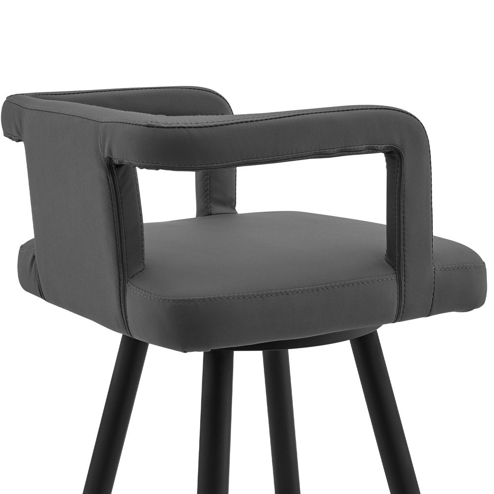 30" Gray And Black Faux Leather And Fabric And Iron Low Back Bar Height Swivel Bar Chair HomeRoots