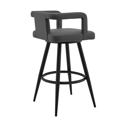 30" Gray And Black Faux Leather And Fabric And Iron Low Back Bar Height Swivel Bar Chair HomeRoots