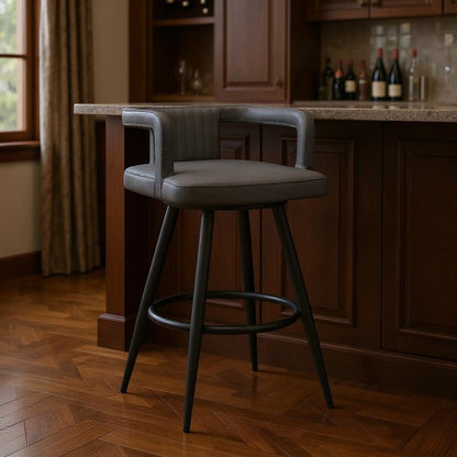 30" Gray And Black Faux Leather And Fabric And Iron Low Back Bar Height Swivel Bar Chair HomeRoots