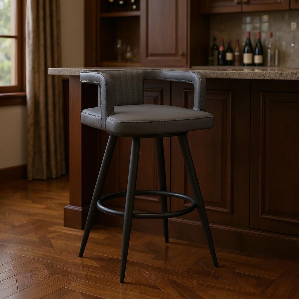 30" Gray And Black Faux Leather And Iron Swivel Low Back Bar Height Bar Chair HomeRoots