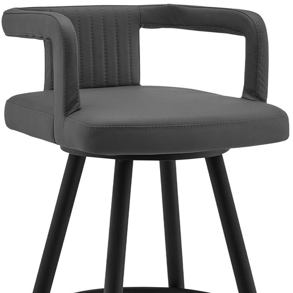 30" Gray And Black Faux Leather And Fabric And Iron Low Back Bar Height Swivel Bar Chair HomeRoots