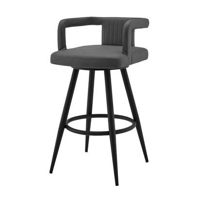 30" Gray And Black Faux Leather And Fabric And Iron Low Back Bar Height Swivel Bar Chair HomeRoots