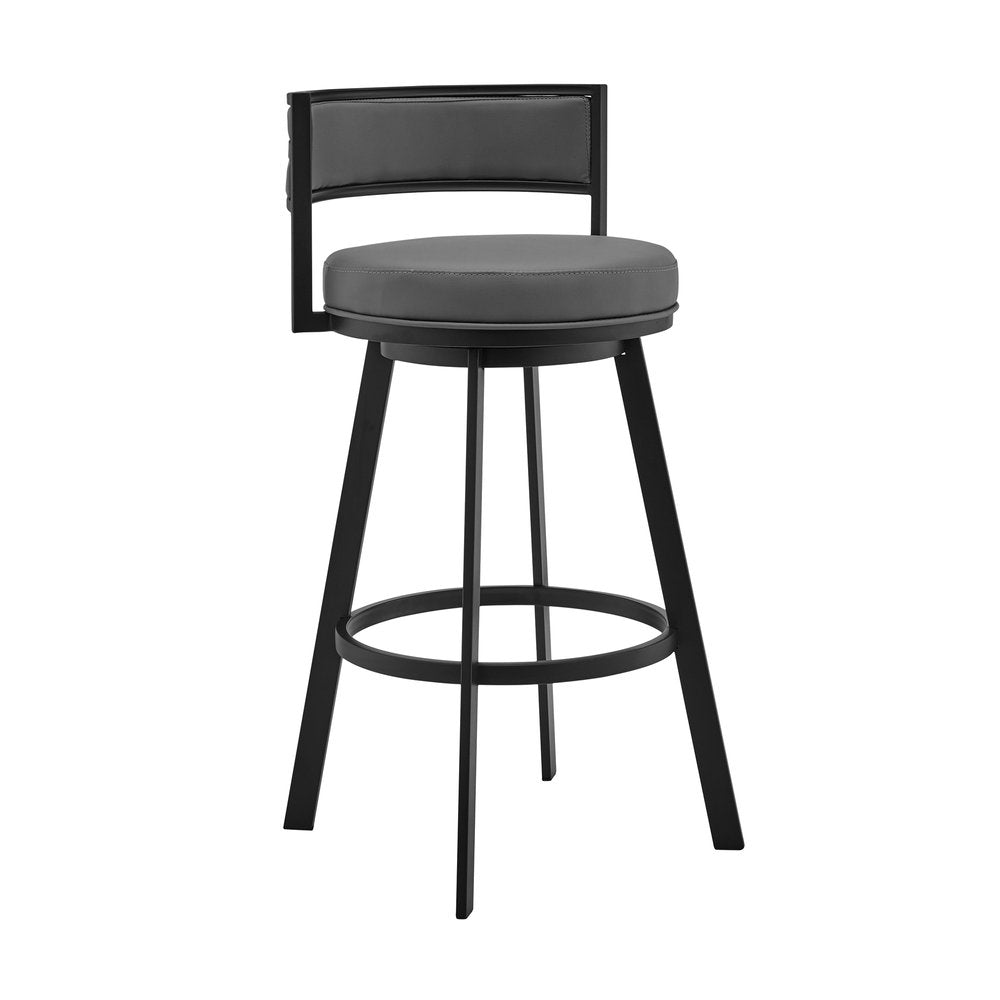 26" Gray And Black Faux Leather And Fabric And Iron Low Back Counter Height Swivel Bar Chair HomeRoots