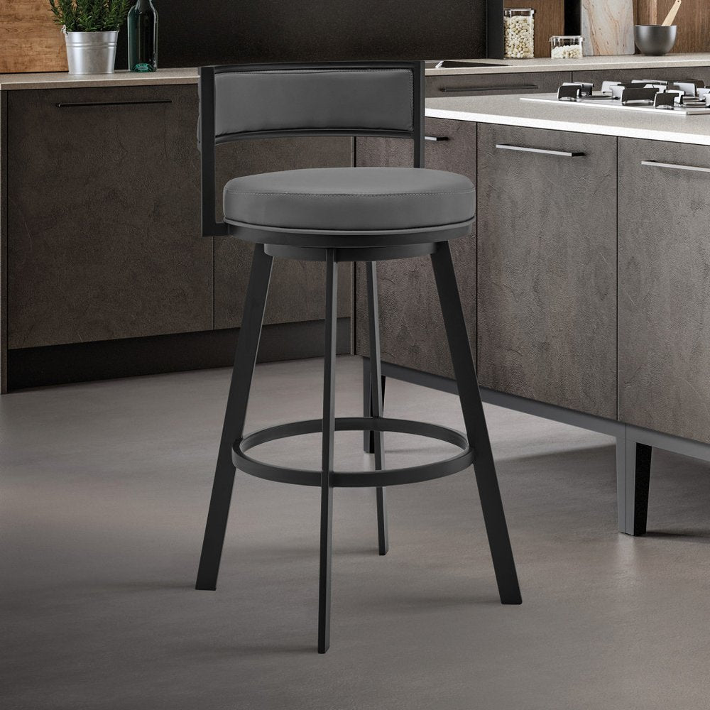 26" Gray And Black Faux Leather And Fabric And Iron Low Back Counter Height Swivel Bar Chair HomeRoots