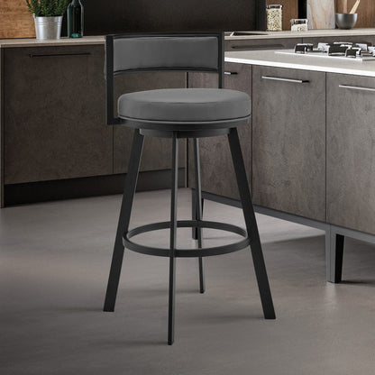 26" Gray And Black Faux Leather And Fabric And Iron Low Back Counter Height Swivel Bar Chair HomeRoots
