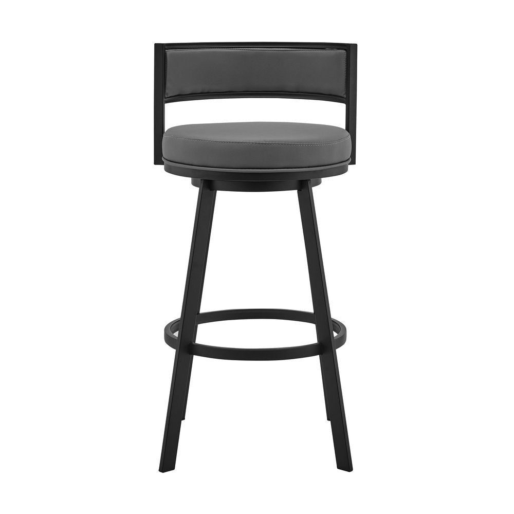 26" Gray And Black Faux Leather And Fabric And Iron Low Back Counter Height Swivel Bar Chair HomeRoots