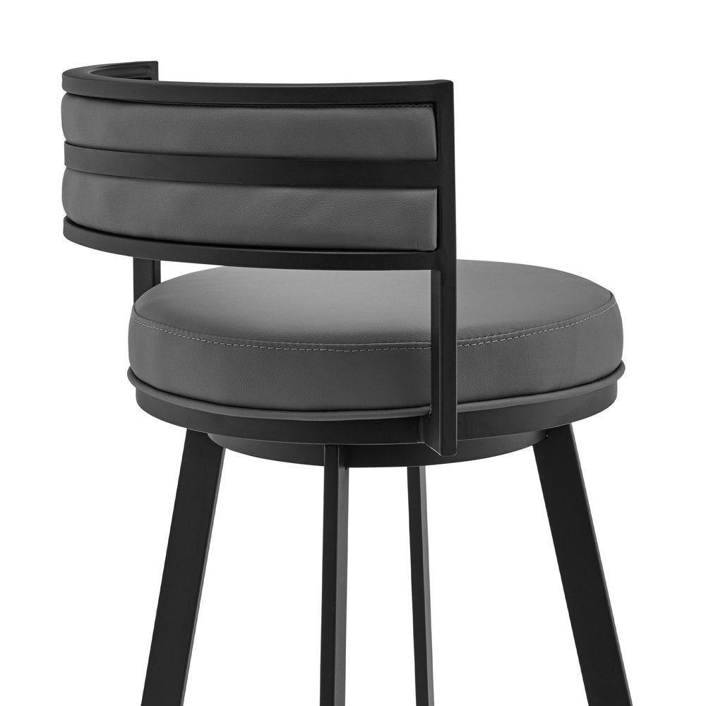 26" Gray And Black Faux Leather And Fabric And Iron Low Back Counter Height Swivel Bar Chair HomeRoots