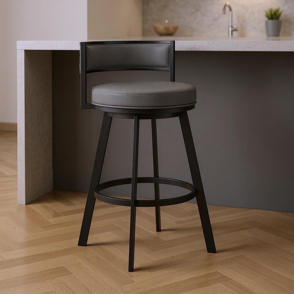 26" Gray And Black Faux Leather And Fabric And Iron Low Back Counter Height Swivel Bar Chair HomeRoots