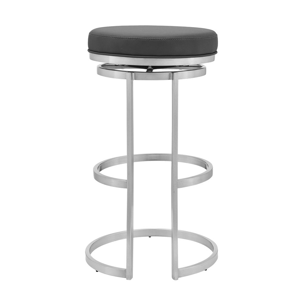 30" Gray And Silver Faux Leather And Iron Swivel Backless Bar Height Bar Chair HomeRoots