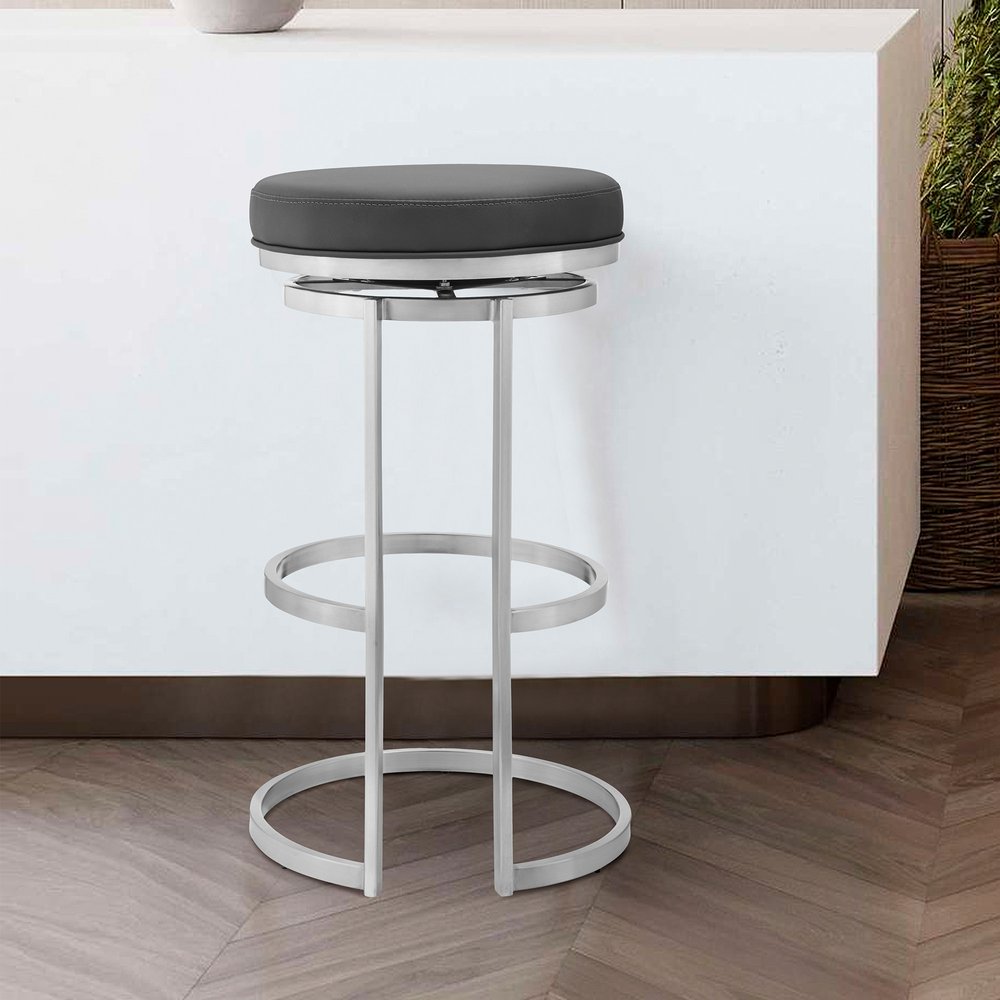 30" Gray And Silver Faux Leather And Iron Swivel Backless Bar Height Bar Chair HomeRoots