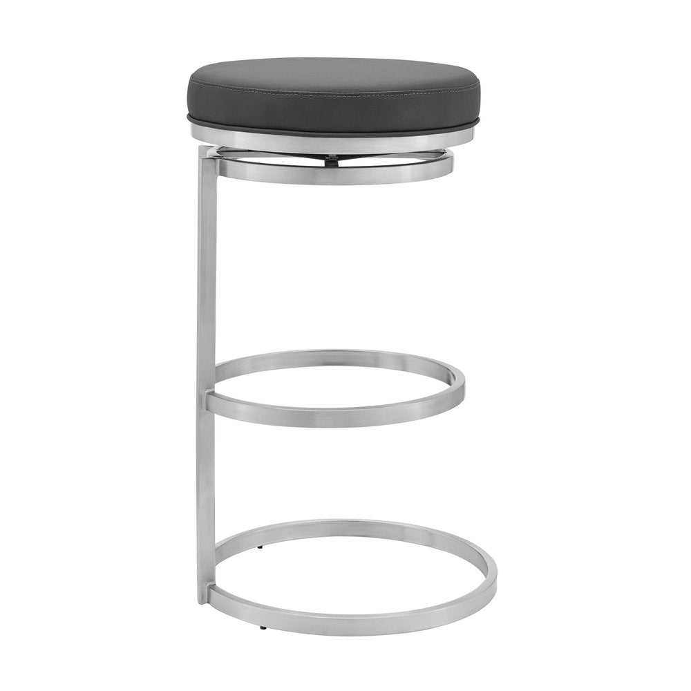 30" Gray And Silver Faux Leather And Iron Swivel Backless Bar Height Bar Chair HomeRoots