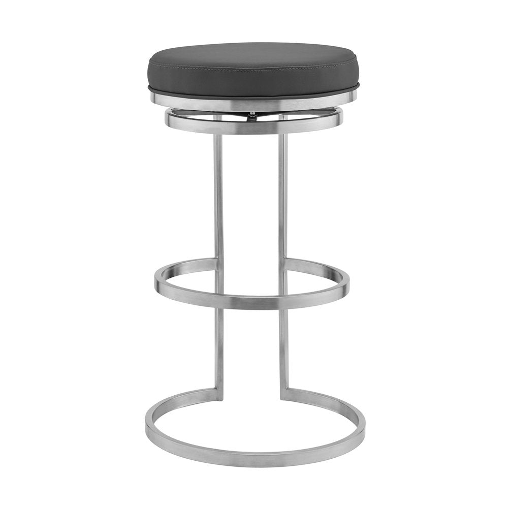 30" Gray And Silver Faux Leather And Iron Swivel Backless Bar Height Bar Chair HomeRoots