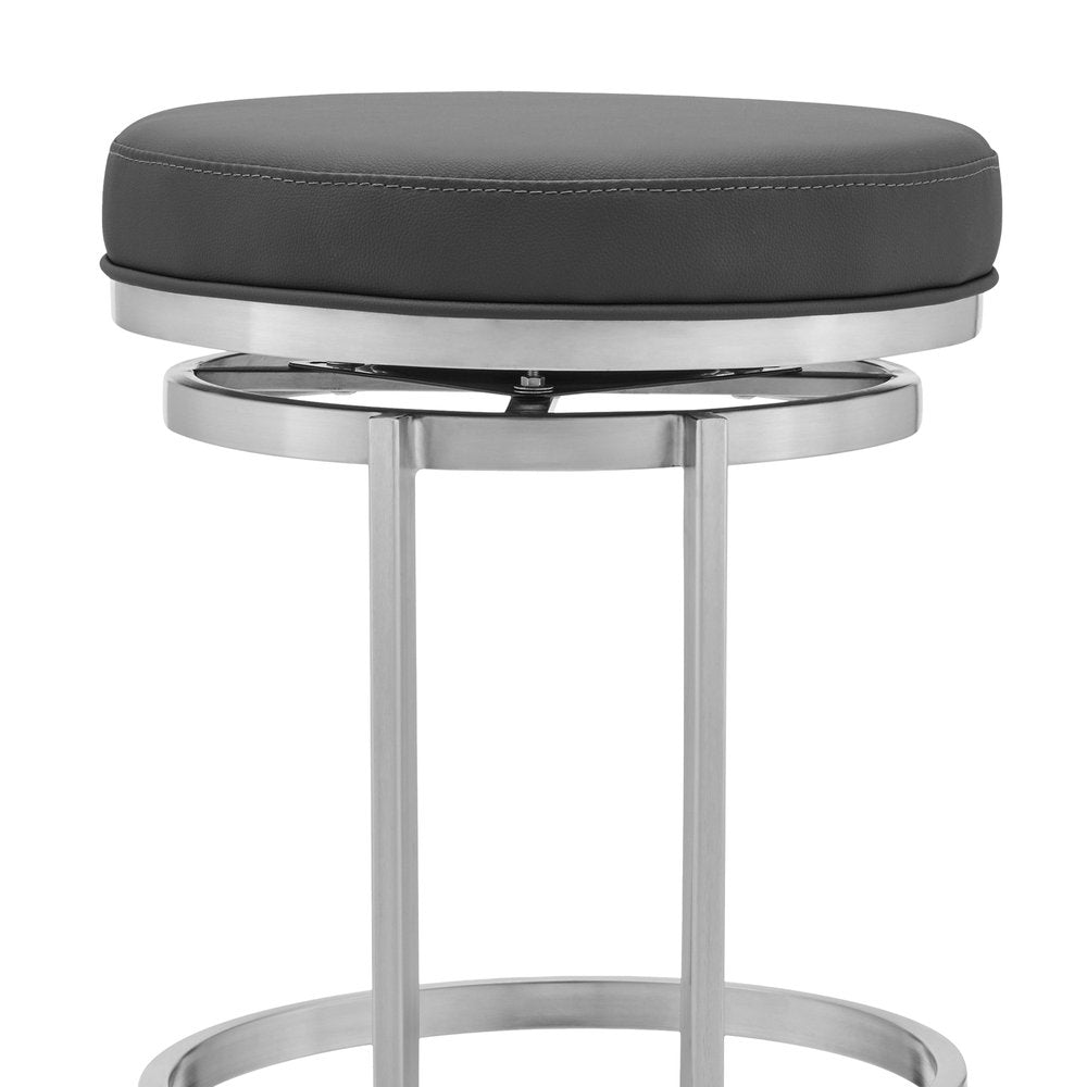 30" Gray And Silver Faux Leather And Iron Swivel Backless Bar Height Bar Chair HomeRoots