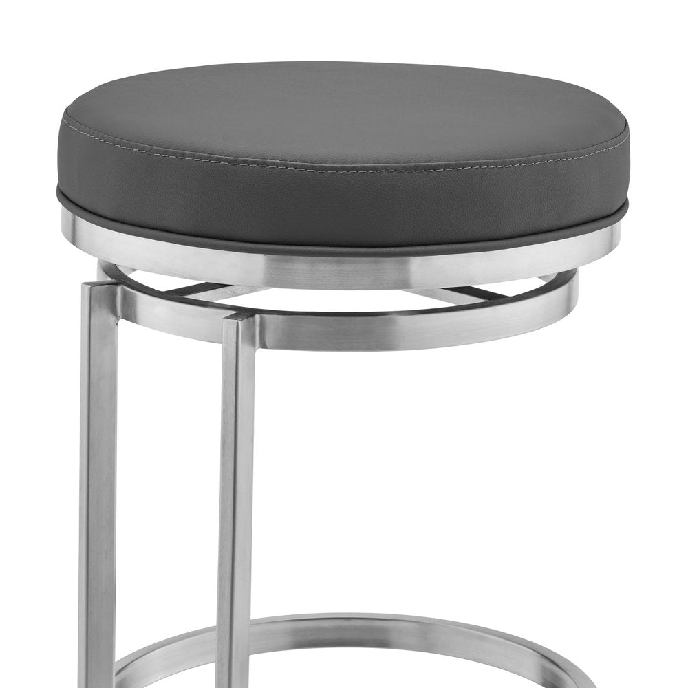 30" Gray And Silver Faux Leather And Iron Swivel Backless Bar Height Bar Chair HomeRoots