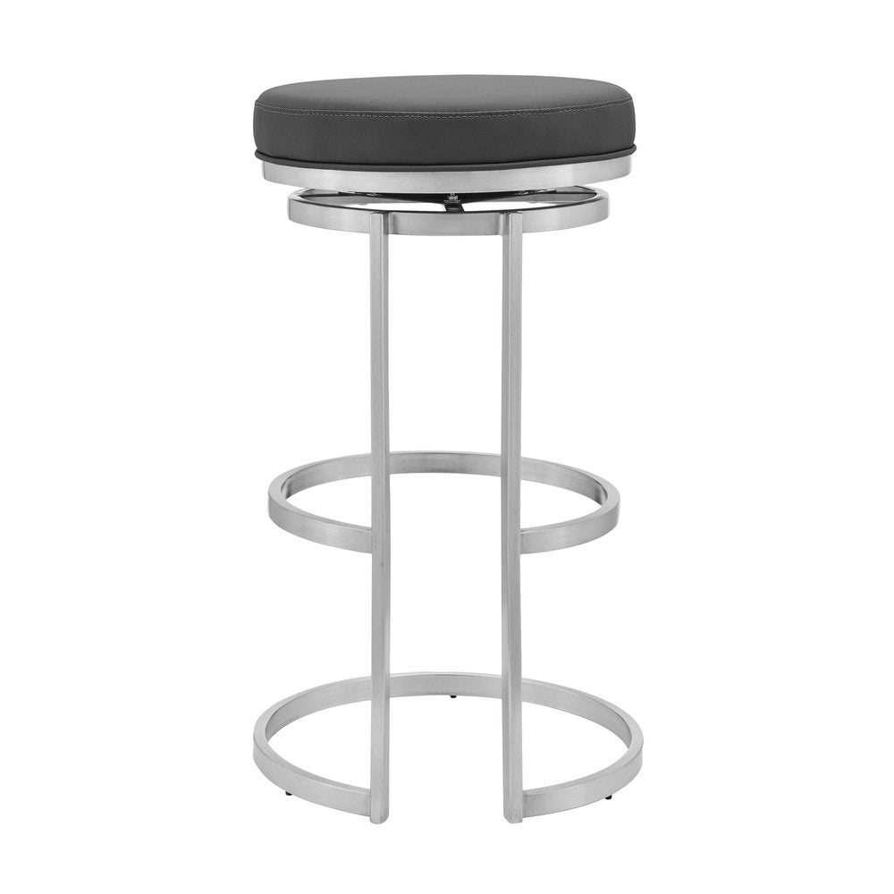 30" Gray And Silver Faux Leather And Iron Swivel Backless Bar Height Bar Chair HomeRoots