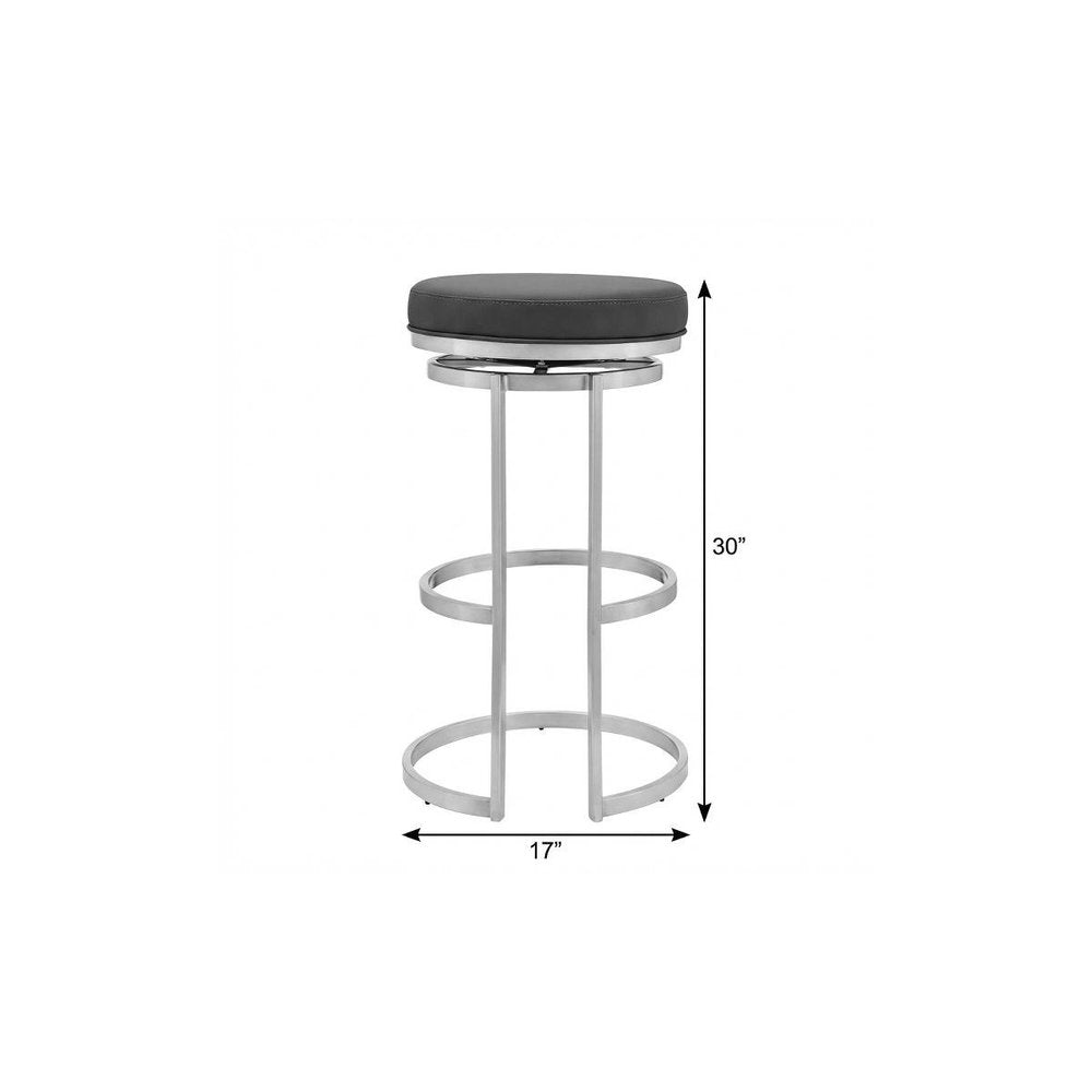 30" Gray And Silver Faux Leather And Iron Swivel Backless Bar Height Bar Chair HomeRoots