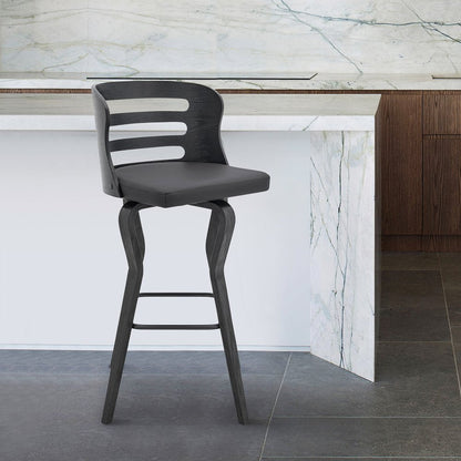 25" Gray And Black Faux Leather And Iron Swivel Low Back Counter Height Bar Chair HomeRoots