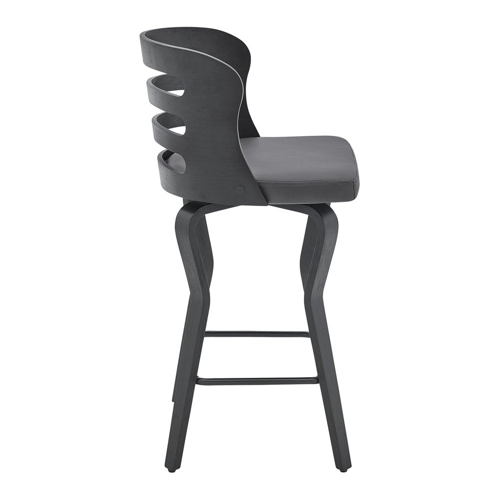 25" Gray And Black Faux Leather And Iron Swivel Low Back Counter Height Bar Chair HomeRoots