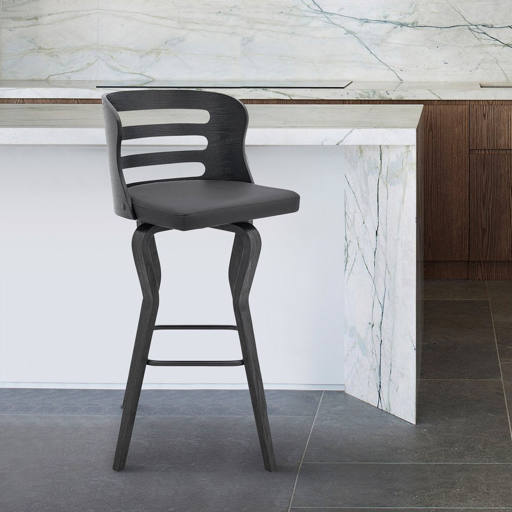 29" Gray And Black Faux Leather And Fabric And Iron Low Back Bar Height Swivel Bar Chair HomeRoots