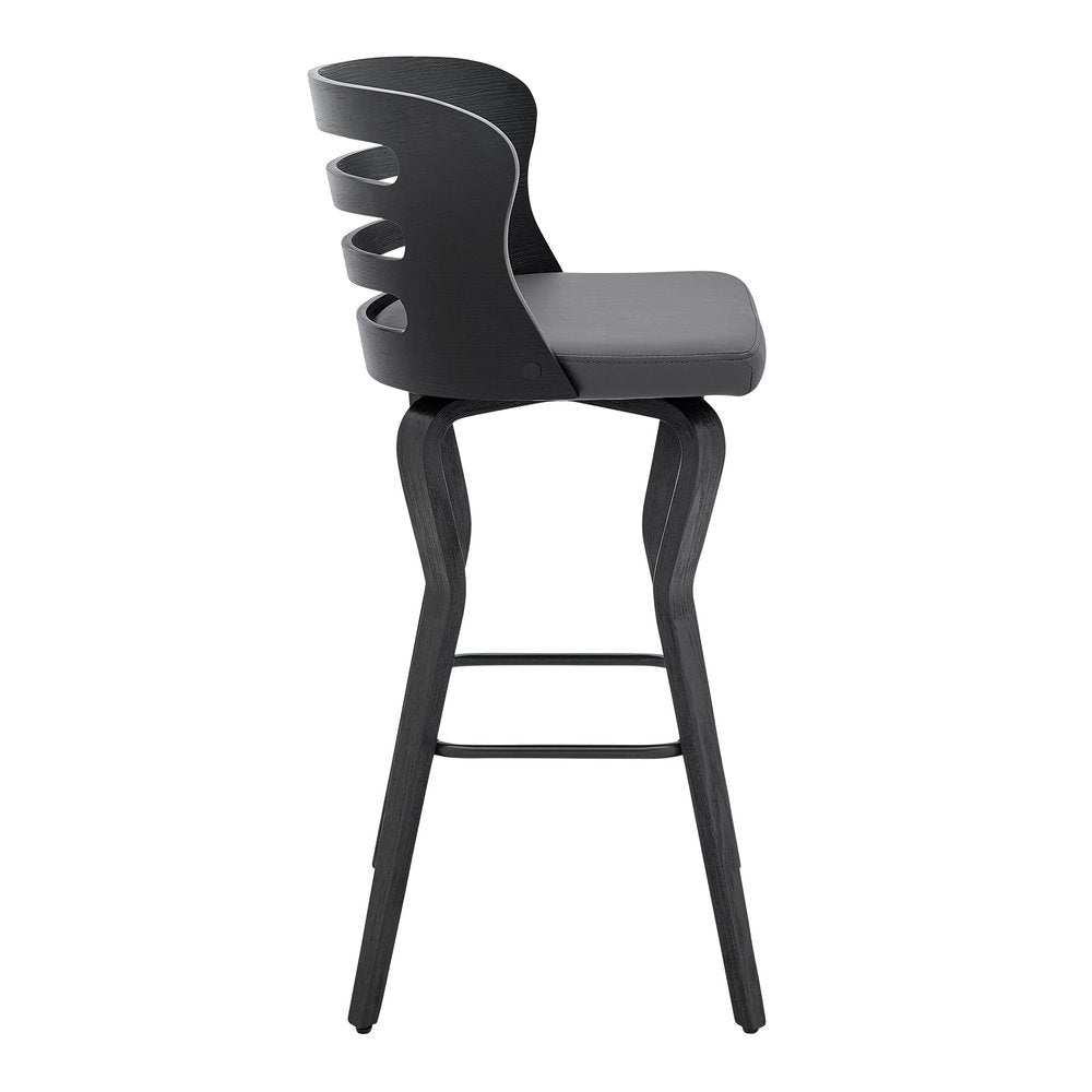 29" Gray And Black Faux Leather And Fabric And Iron Low Back Bar Height Swivel Bar Chair HomeRoots