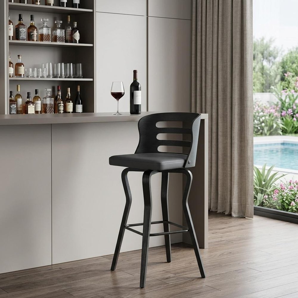 29" Gray And Black Faux Leather And Fabric And Iron Low Back Bar Height Swivel Bar Chair HomeRoots