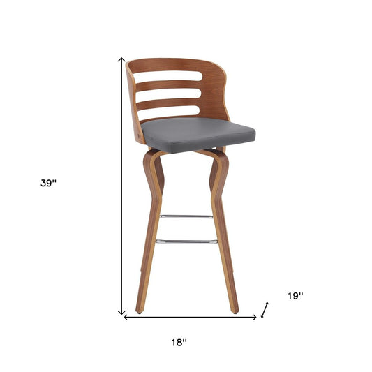 29" Gray And Brown Faux Leather Swivel Low Back Bar Height Bar Chair HomeRoots