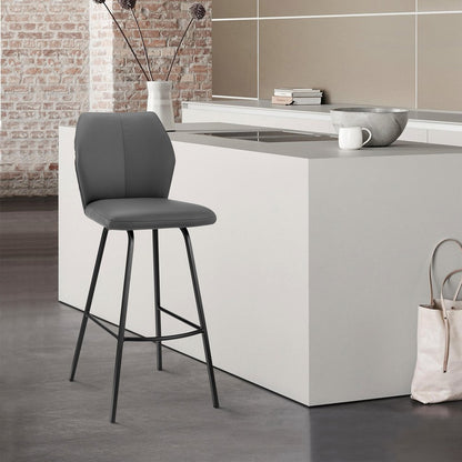 26" Gray And Black Faux Leather And Fabric And Iron Counter Height Bar Chair HomeRoots