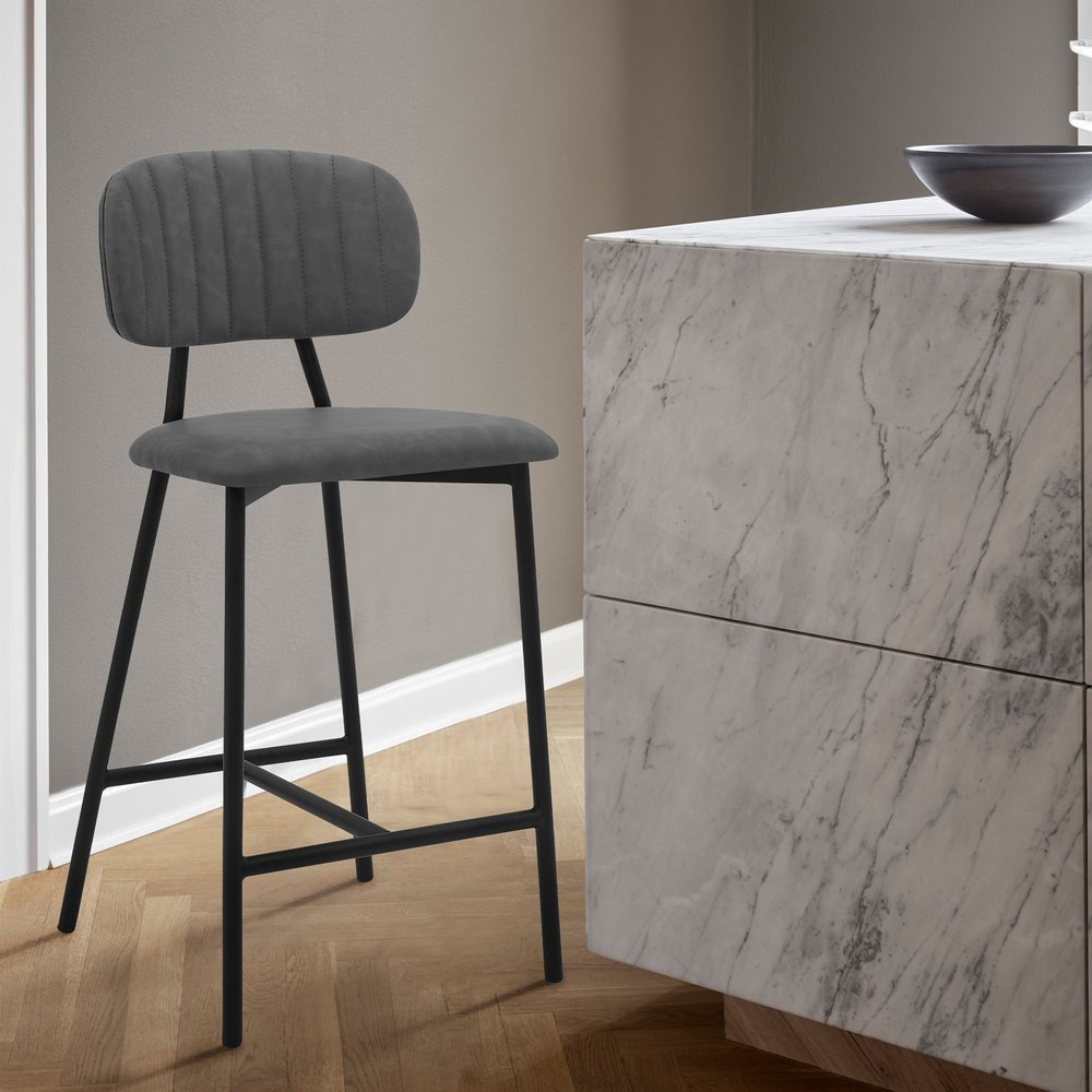 26" Gray and Black Faux Leather and Iron Low Back Counter Height Bar Chair HomeRoots