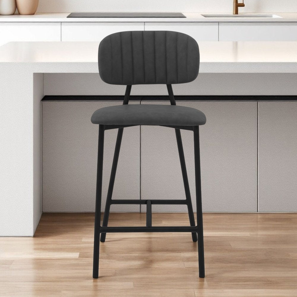 26" Gray and Black Faux Leather and Iron Low Back Counter Height Bar Chair HomeRoots