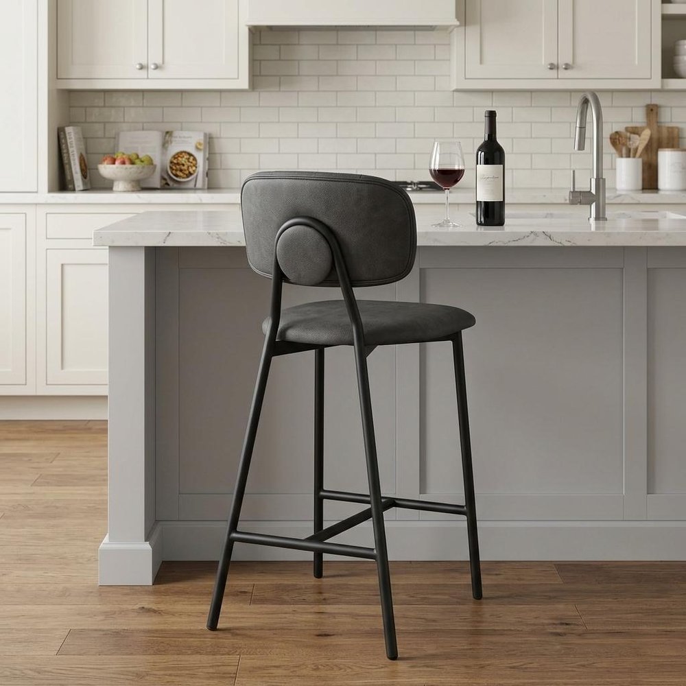 26" Gray and Black Faux Leather and Iron Low Back Counter Height Bar Chair HomeRoots
