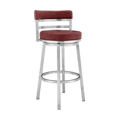 26" Red And Silver Faux Leather And Fabric And Iron Low Back Counter Height Swivel Bar Chair HomeRoots