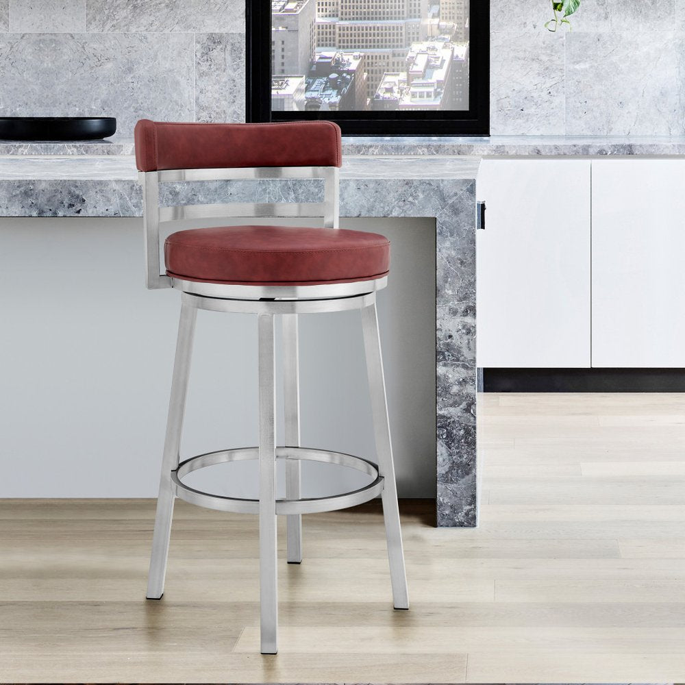 26" Red And Silver Faux Leather And Fabric And Iron Low Back Counter Height Swivel Bar Chair HomeRoots