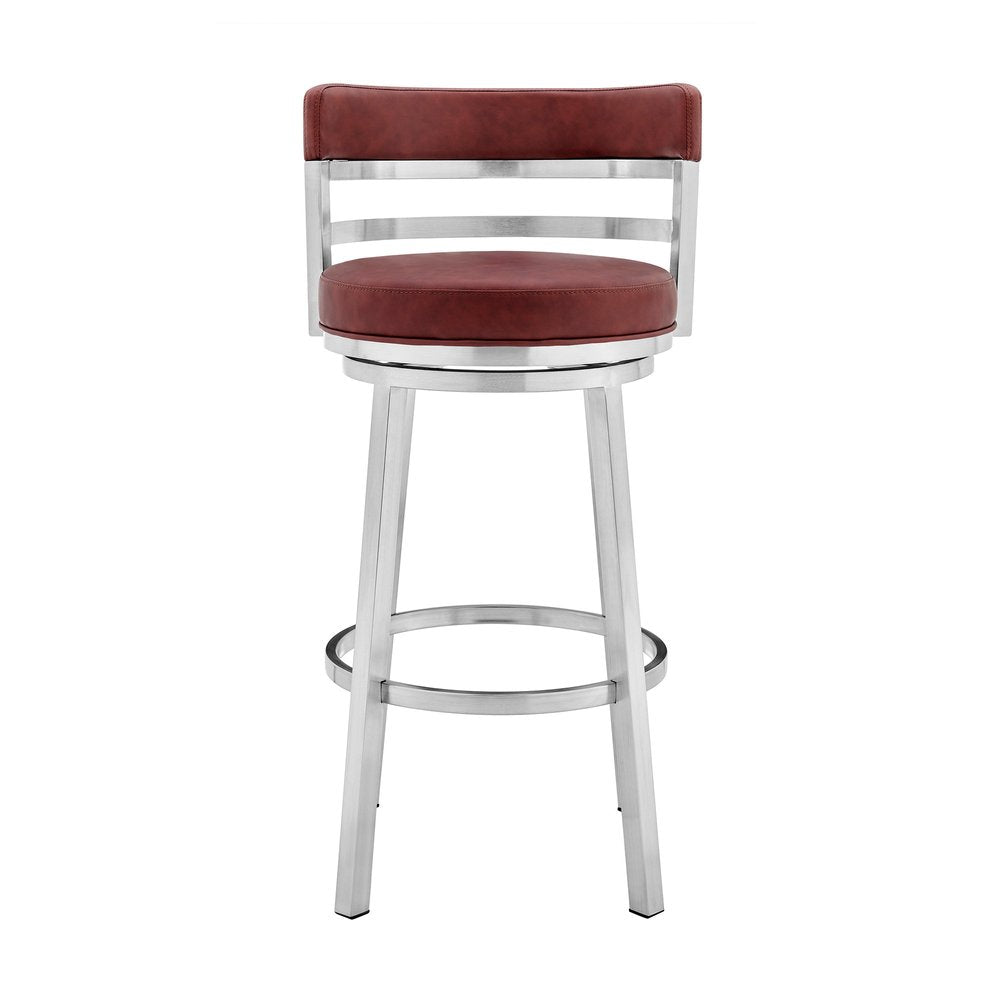26" Red And Silver Faux Leather And Fabric And Iron Low Back Counter Height Swivel Bar Chair HomeRoots