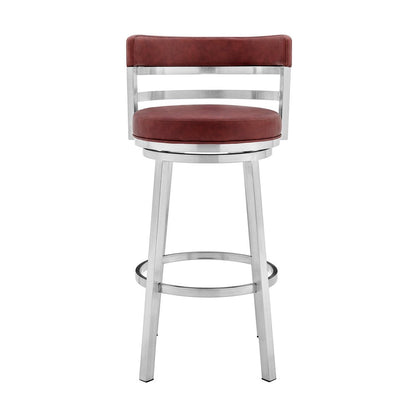 26" Red And Silver Faux Leather And Fabric And Iron Low Back Counter Height Swivel Bar Chair HomeRoots