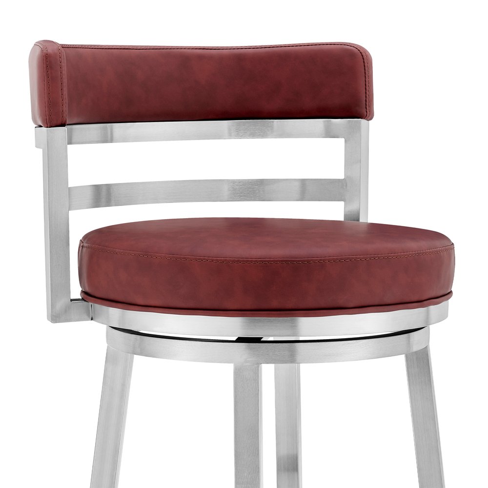 26" Red And Silver Faux Leather And Fabric And Iron Low Back Counter Height Swivel Bar Chair HomeRoots