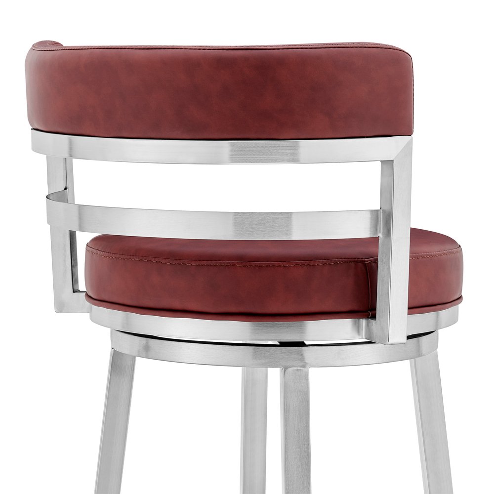 26" Red And Silver Faux Leather And Fabric And Iron Low Back Counter Height Swivel Bar Chair HomeRoots