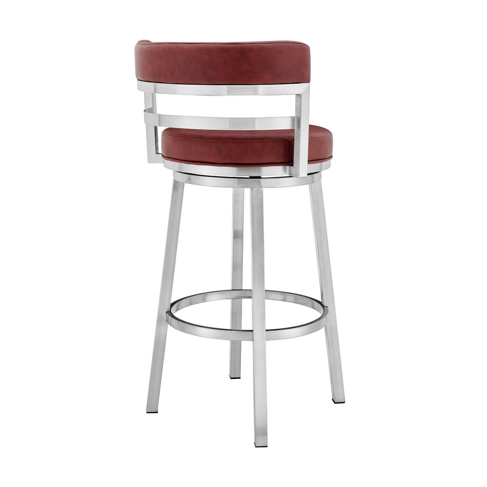 26" Red And Silver Faux Leather And Fabric And Iron Low Back Counter Height Swivel Bar Chair HomeRoots