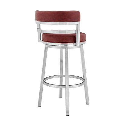 26" Red And Silver Faux Leather And Fabric And Iron Low Back Counter Height Swivel Bar Chair HomeRoots
