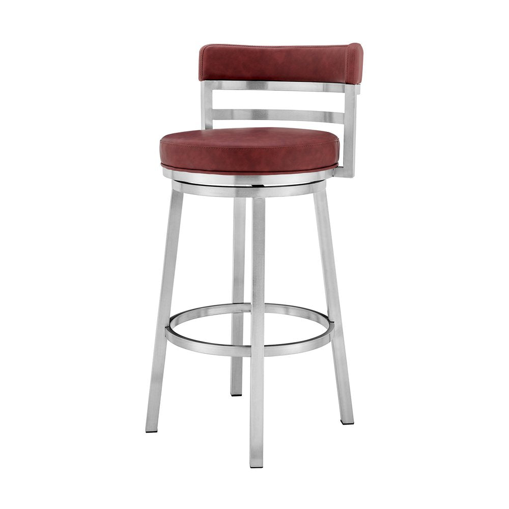 26" Red And Silver Faux Leather And Fabric And Iron Low Back Counter Height Swivel Bar Chair HomeRoots