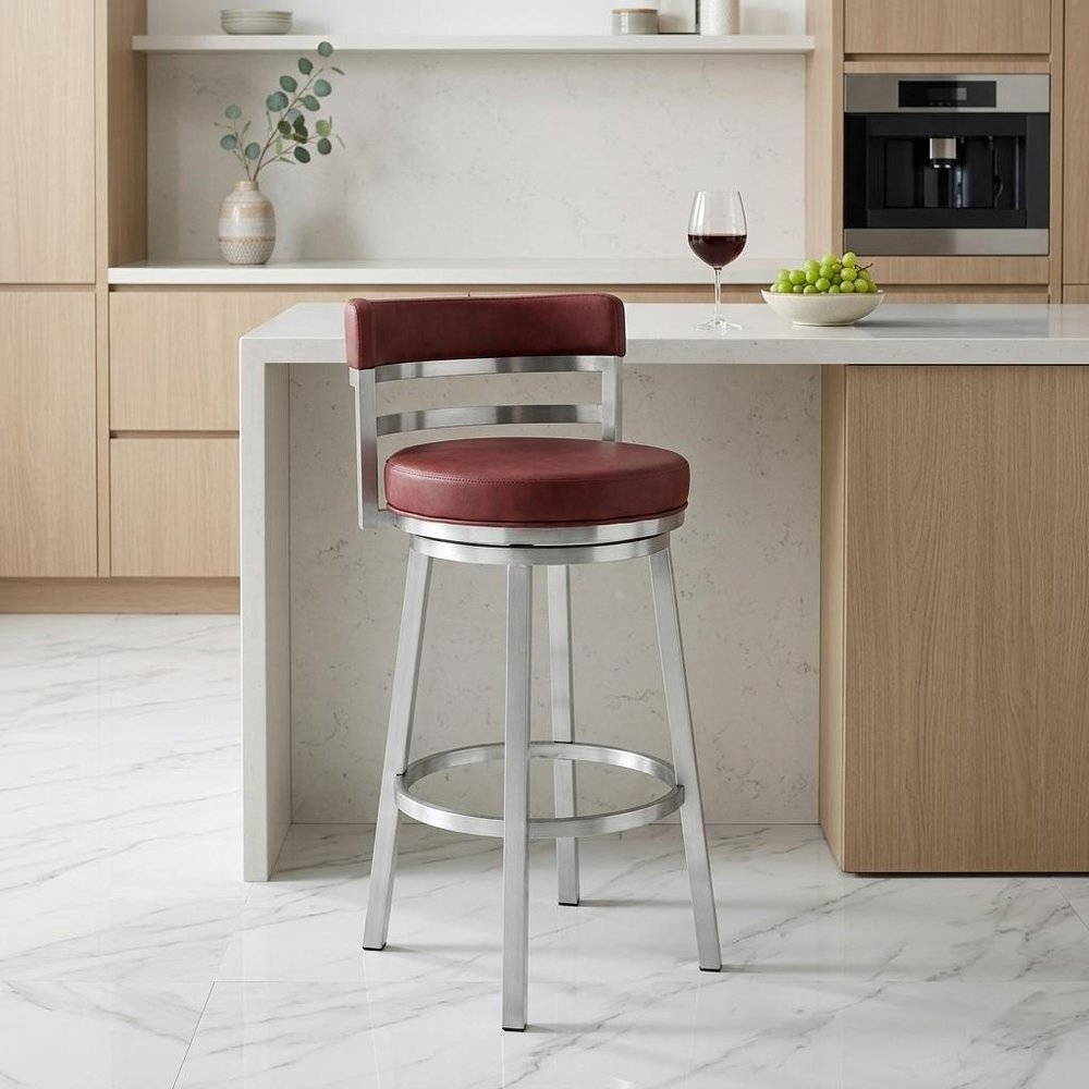 26" Red And Silver Faux Leather And Fabric And Iron Low Back Counter Height Swivel Bar Chair HomeRoots