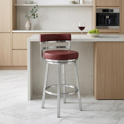 26" Red And Silver Faux Leather And Fabric And Iron Low Back Counter Height Swivel Bar Chair HomeRoots