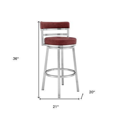 26" Red And Silver Faux Leather And Fabric And Iron Low Back Counter Height Swivel Bar Chair HomeRoots