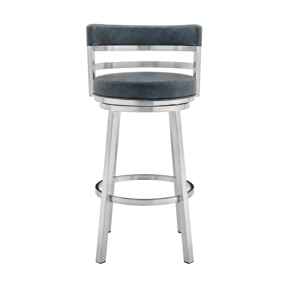 30" Blue And Silver Faux Leather And Iron Swivel Low Back Bar Height Bar Chair HomeRoots