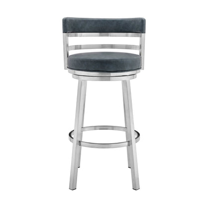 30" Blue And Silver Faux Leather And Fabric And Iron Low Back Bar Height Swivel Bar Chair HomeRoots