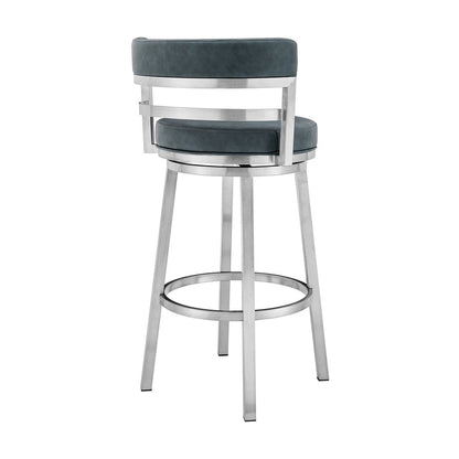 30" Blue And Silver Faux Leather And Iron Swivel Low Back Bar Height Bar Chair HomeRoots