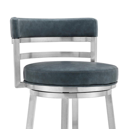 30" Blue And Silver Faux Leather And Fabric And Iron Low Back Bar Height Swivel Bar Chair HomeRoots