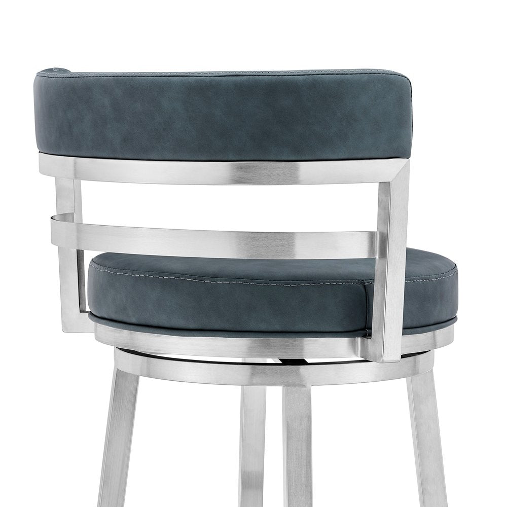 30" Blue And Silver Faux Leather And Iron Swivel Low Back Bar Height Bar Chair HomeRoots