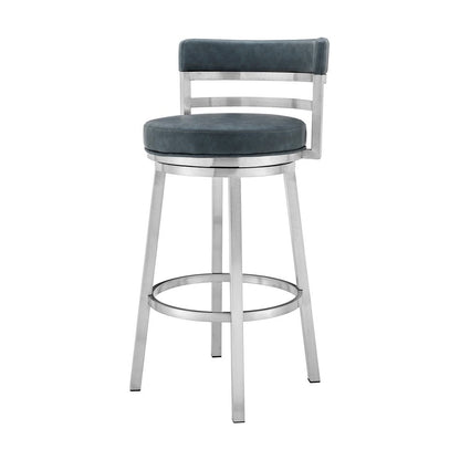 30" Blue And Silver Faux Leather And Iron Swivel Low Back Bar Height Bar Chair HomeRoots